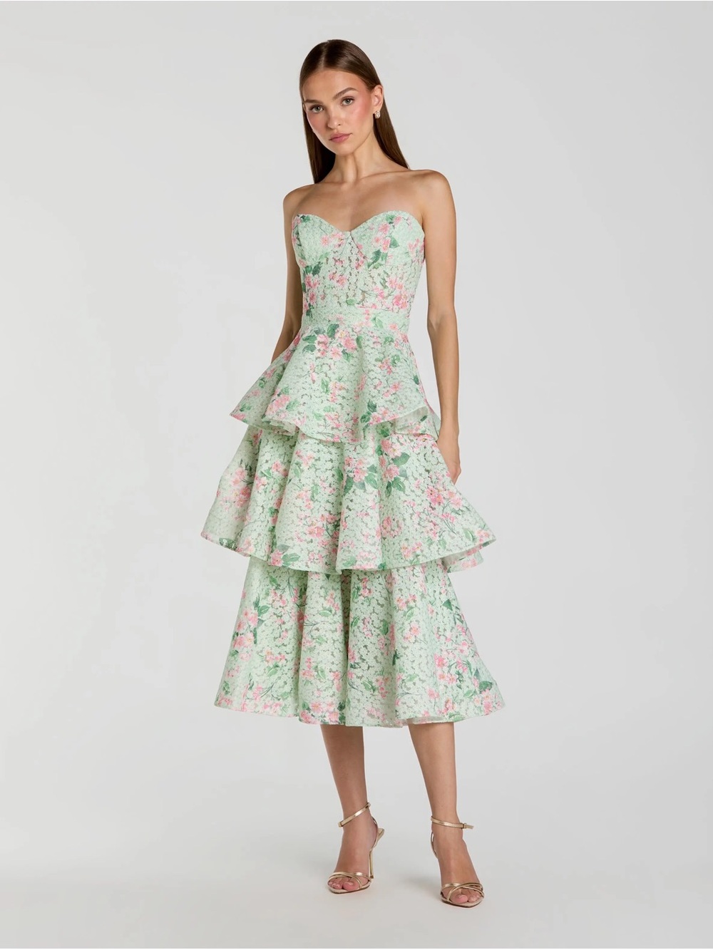 Strapless Mint Floral Tiered Midi Dress Mac Duggal 56389